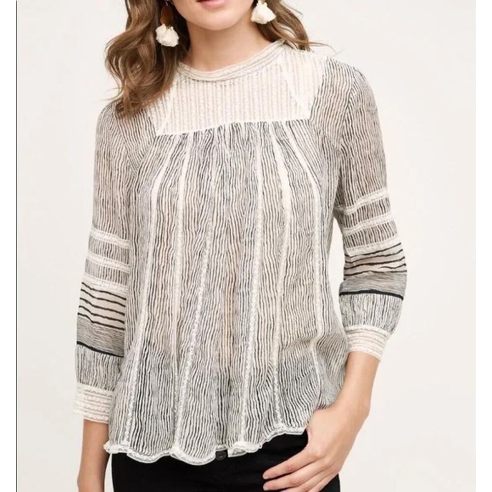 Anthropologie Floreat Womens Reina Peasant Blouse Lace Yoke Gray Stripe Sheer XL